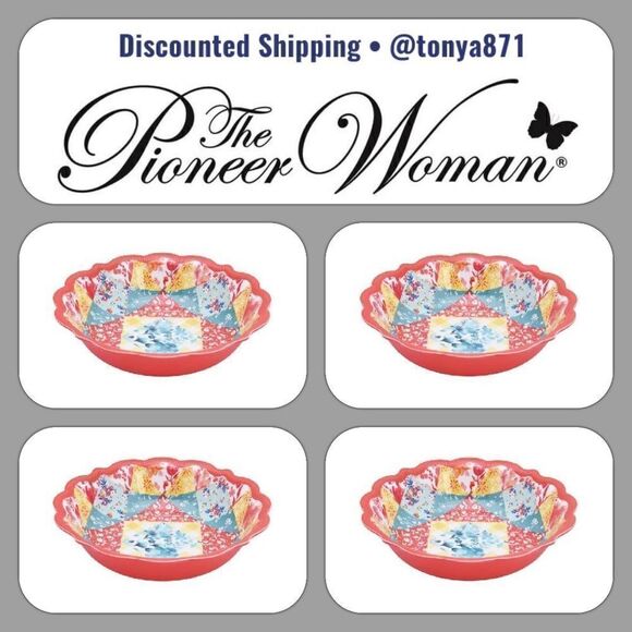 🦋 New Pioneer Woman Patchwork Medley Melamine Dinner Bowl, Coral, Qty of 4 - Picture 4 of 9